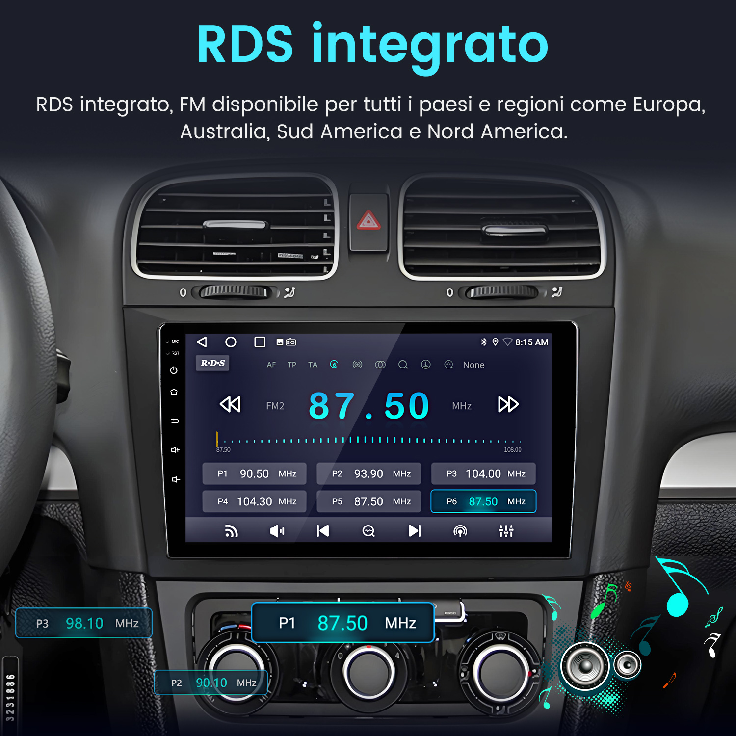 Autoradio con 87,50 MHz. Lo schermo mostra informazioni RDS. Lo sfondo include cruscotto, bocchette dell'aria e controlli.