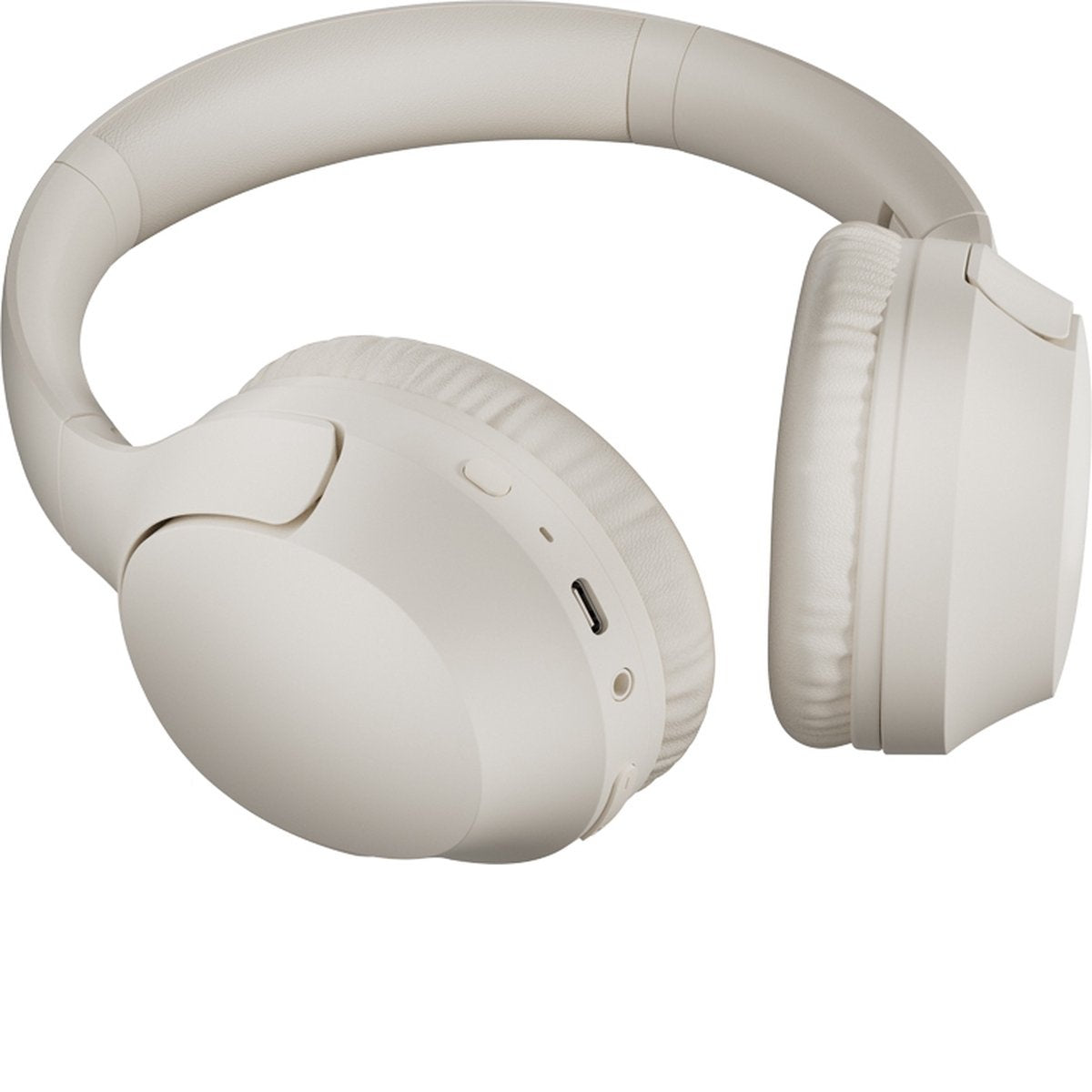 Crèmekleurige koptelefoon op een witte achtergrond. De koptelefoon is over-ear met een gewatteerde hoofdband en oorschelpen.