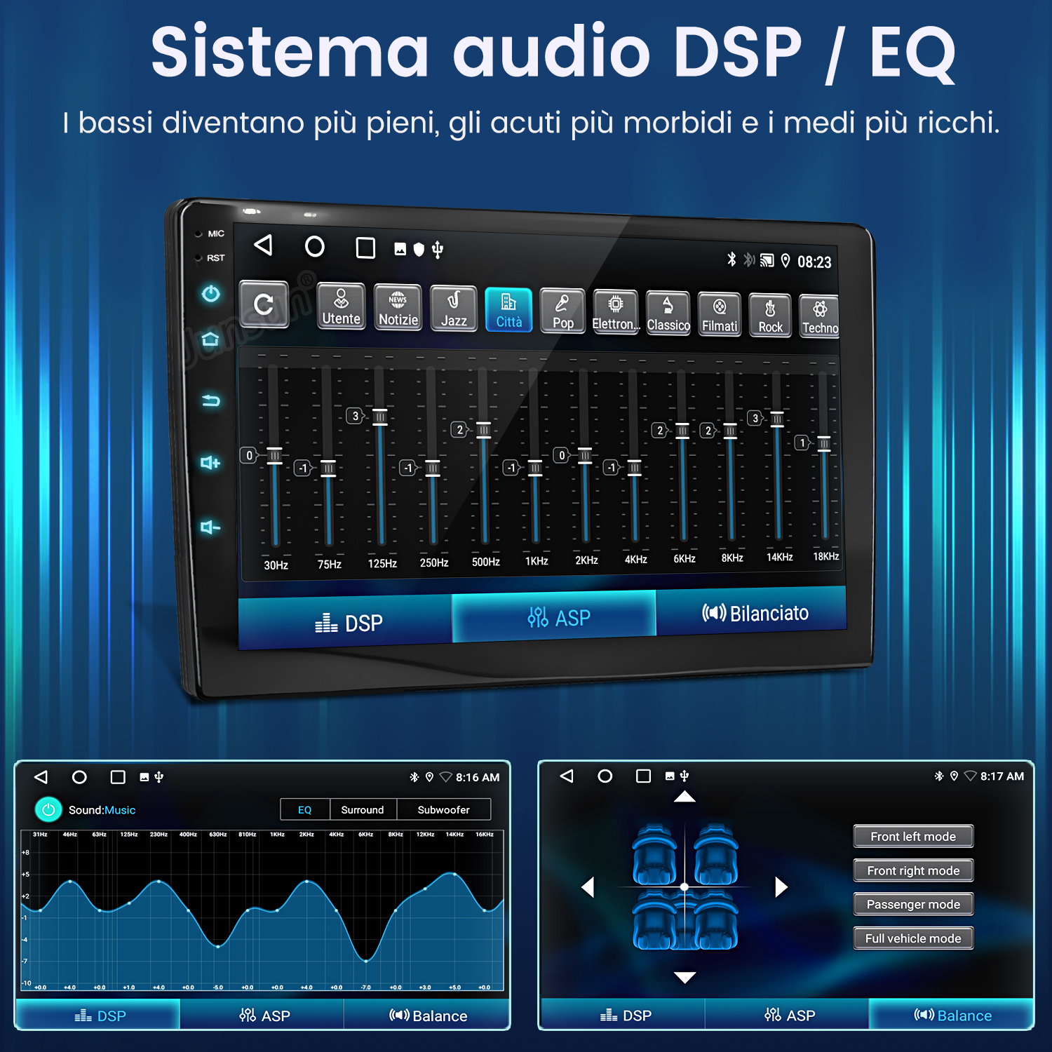 Schermo audio per auto che mostra le impostazioni dell'equalizzatore. Visualizza regolazioni di frequenza, controlli del bilanciamento.
