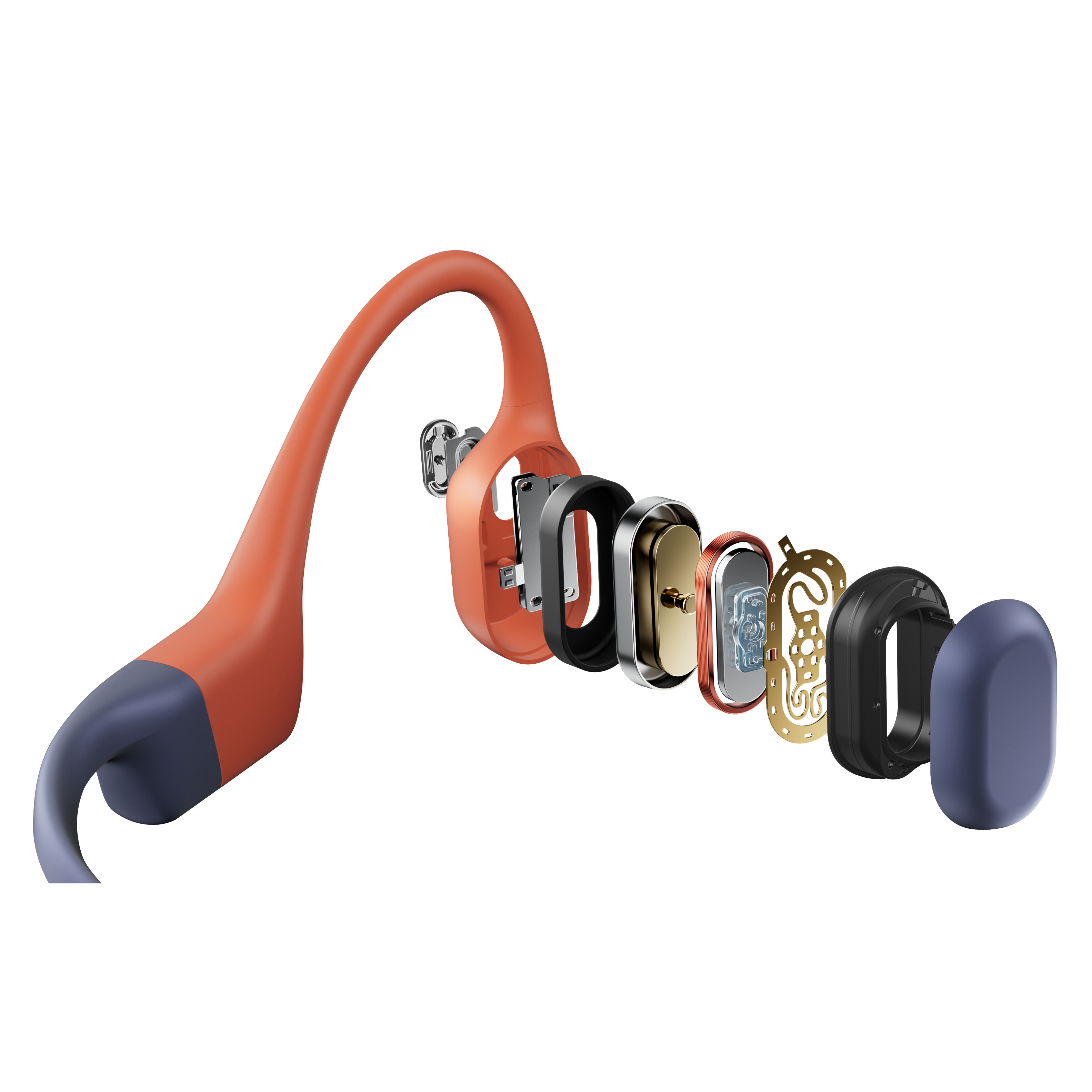 Een geëxplodeerde weergave van botgeleidingshoofdtelefoons. Oranje en grijze behuizing met zichtbare interne componenten.