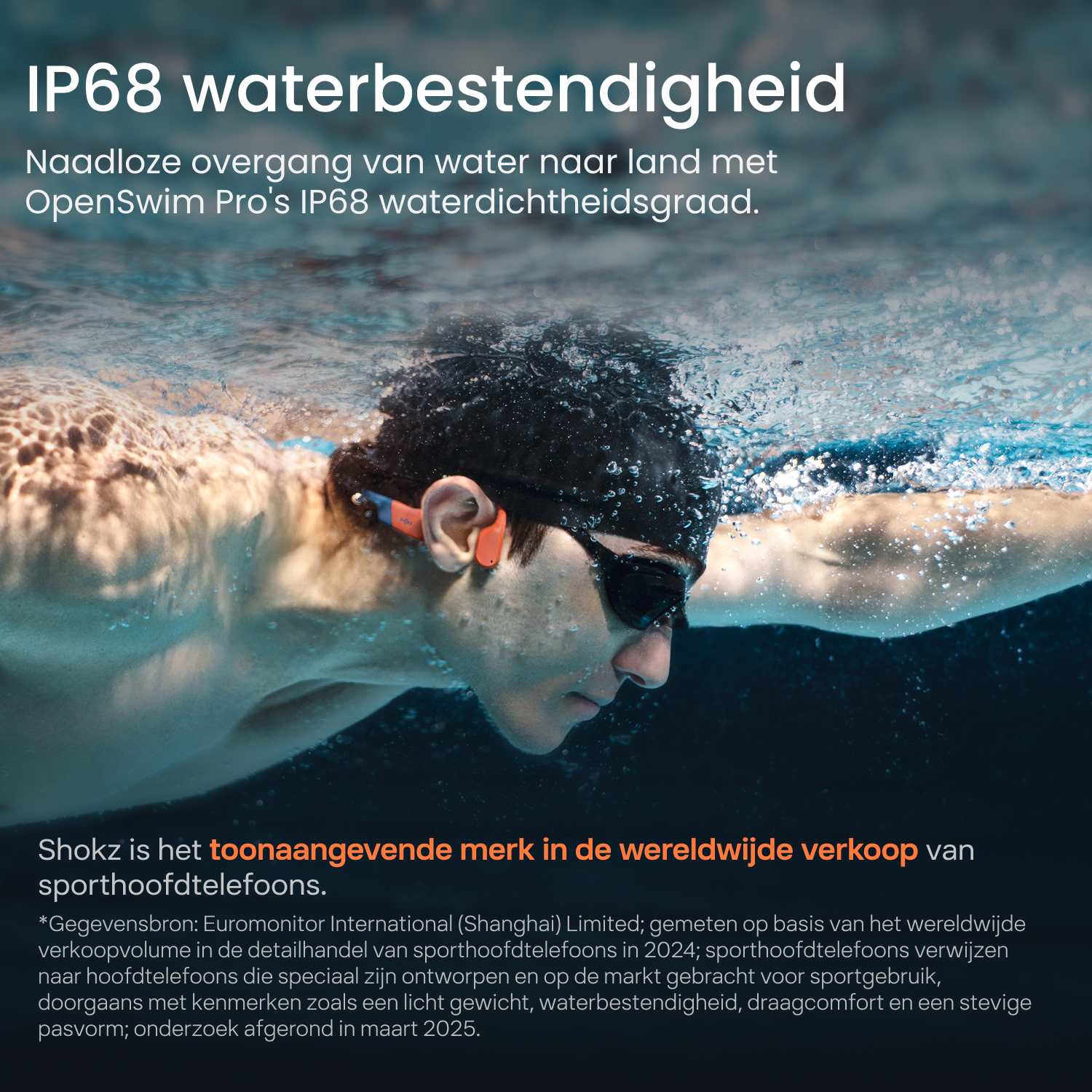 Een persoon zwemt onder water met een bril en een oranje koptelefoon. Tekst bovenaan: IP68 waterbestendigheid.