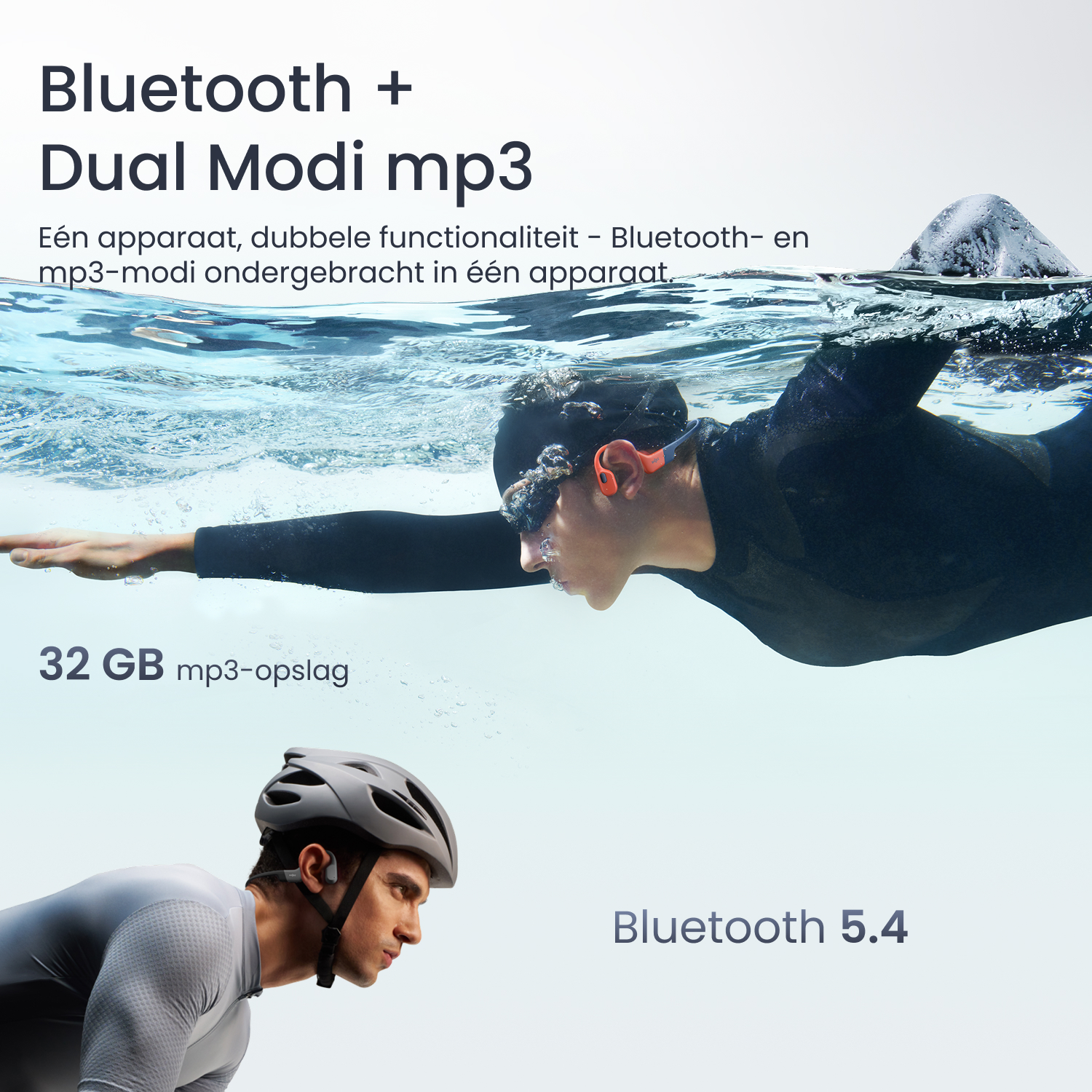 Afbeelding toont een zwemmer onder water en een fietser. Tekst: Bluetooth + Dual Modi mp3, 32 GB mp3-opslag, Bluetooth 5.4.