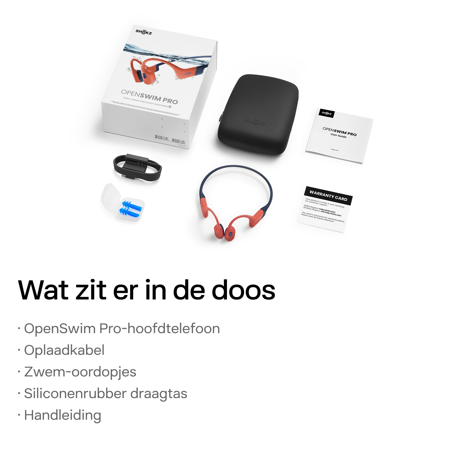 De afbeelding toont de inhoud van een OpenSwim Pro-doos: koptelefoon, oplaadkabel, oordopjes, een draagtas en een gebruikershandleiding.