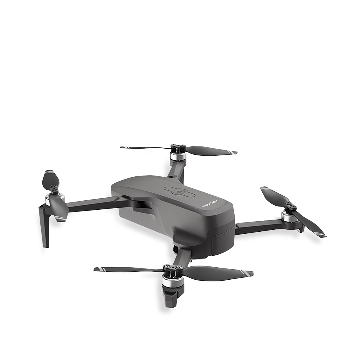 Szary dron z czterema śmigłami jest wyśrodkowany na białym tle. Dron jest w powietrzu, gotowy do lotu.