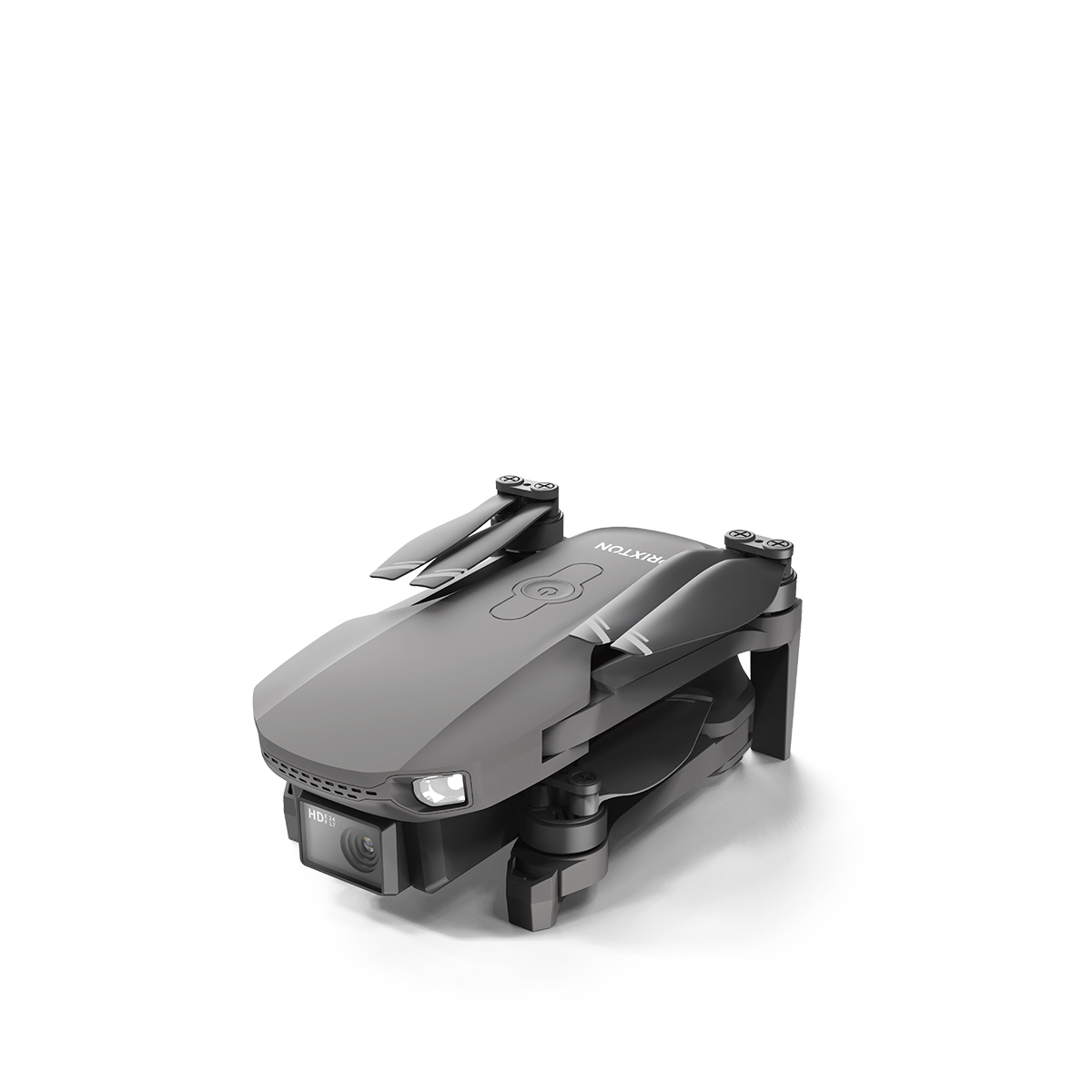 Ciemnoszary dron ze złożonymi śmigłami, kamerą HD i napisem RIXTON na górze, na białym tle.