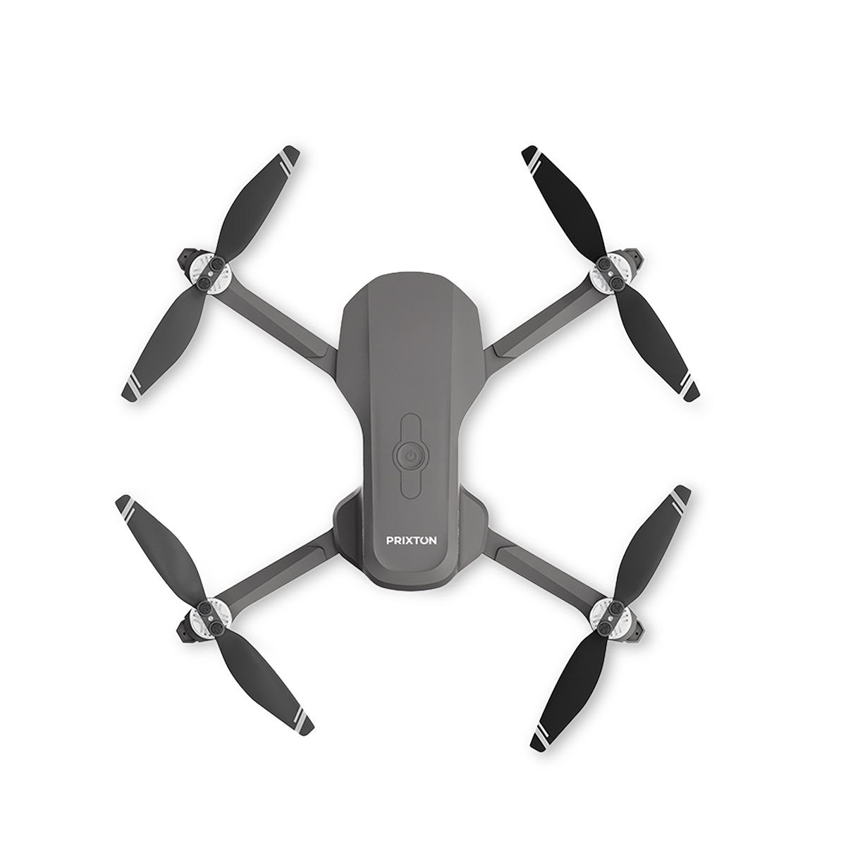 Widok z góry na szarego drona z czterema czarnymi śmigłami na białym tle. Widoczny jest napis 'PRIXTON'.