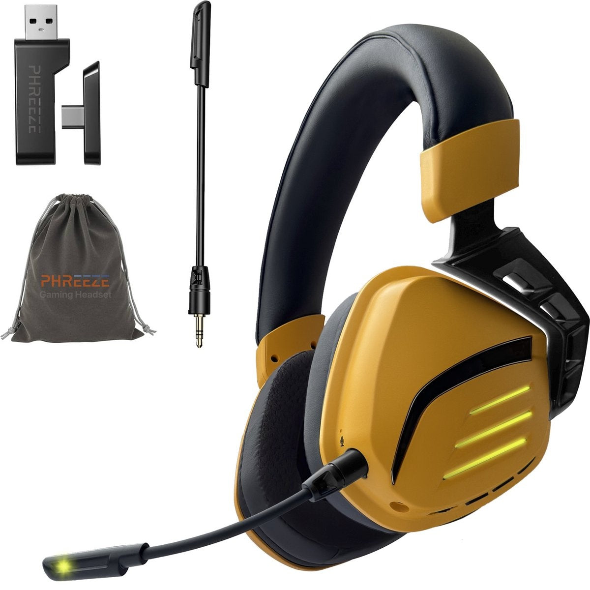 Gaming headset met microfoon, goud en zwart. Inclusief USB-dongle, microfoonbevestiging en grijze tas met "PHREEZE Gaming Headset".