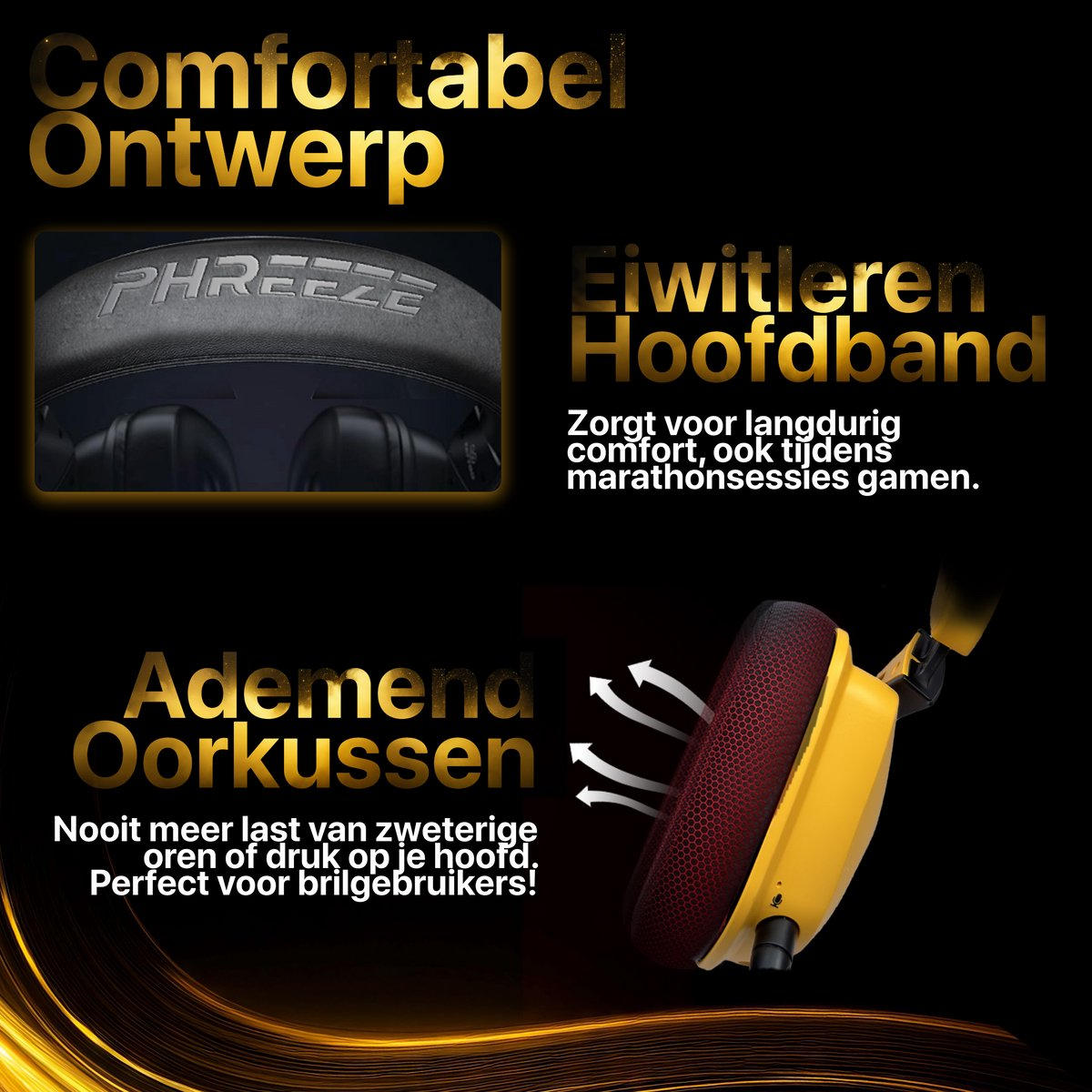 Gele en rode koptelefoon met Nederlandse tekst, die comfort adverteert. Kenmerken zijn een eiwit hoofdband en ademende oorkussens.