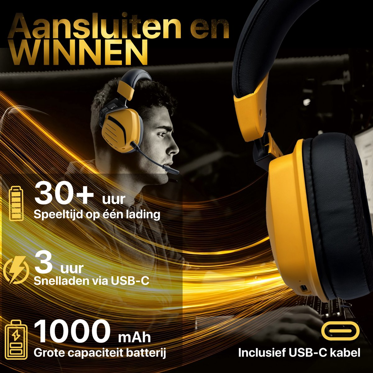 Een man met een gele en zwarte koptelefoon met microfoon. Tekst bevat batterijduur en USB-C oplaaddetails. De achtergrond is donker.