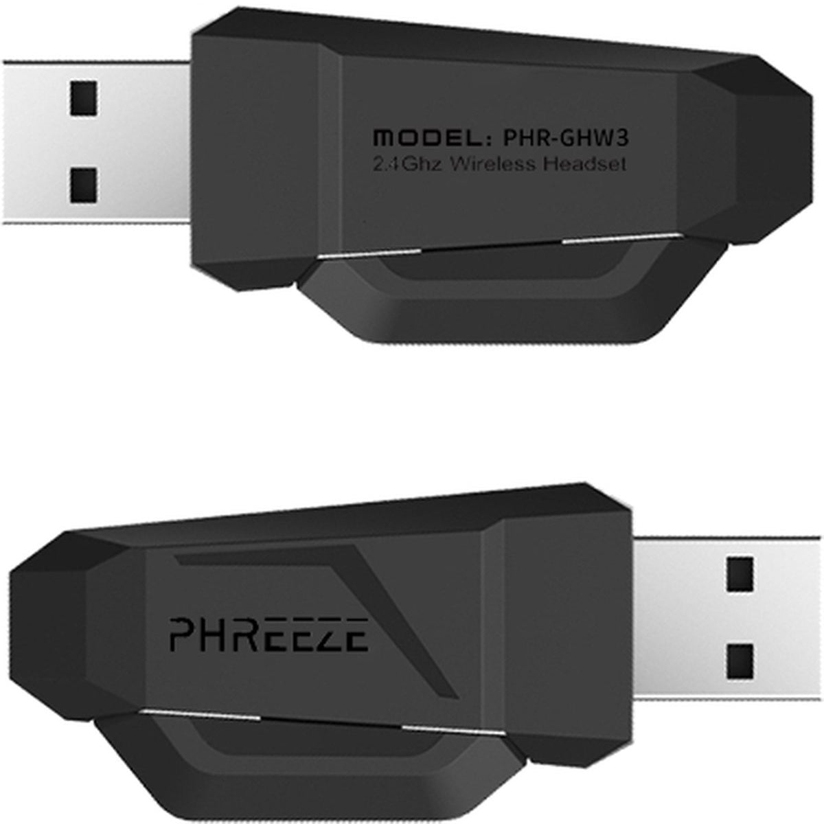 Twee zwarte USB draadloze headset ontvangers met de modelnaam bovenaan en de merknaam onderaan.