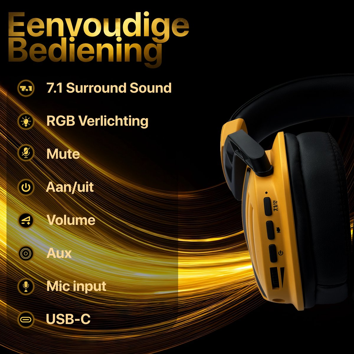 Een gele en zwarte headset op een zwarte en gouden achtergrond. Tekst beschrijft functies zoals 7.1 surround sound en RGB-verlichting.