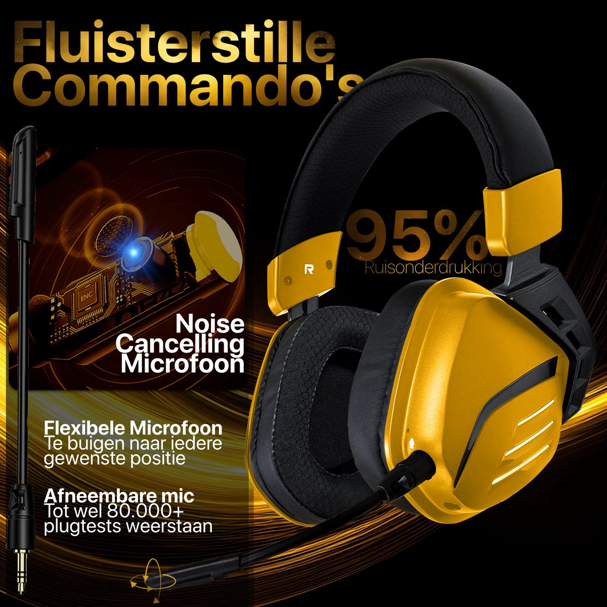 Een advertentie toont een geelzwarte gamingheadset met ruisonderdrukkende microfoon en de tekst 'Commando's'.