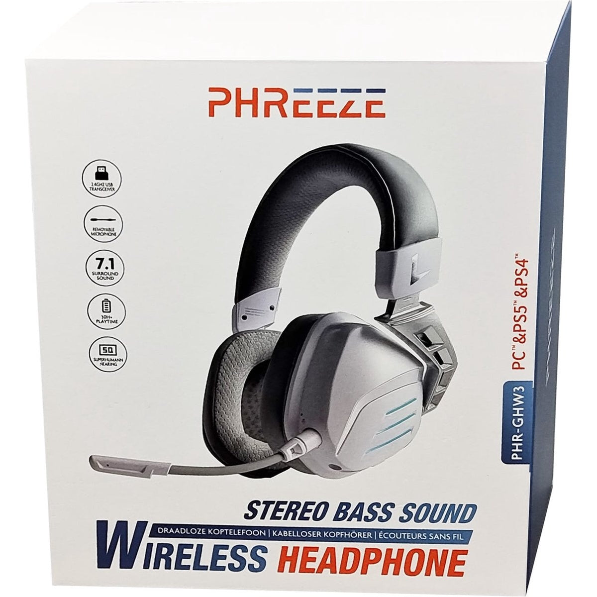 Draadloze hoofdtelefoon in doos met microfoon. Het merk is PHREEZE. Beschikt over 7.1 surround sound en 10+ uur speeltijd.