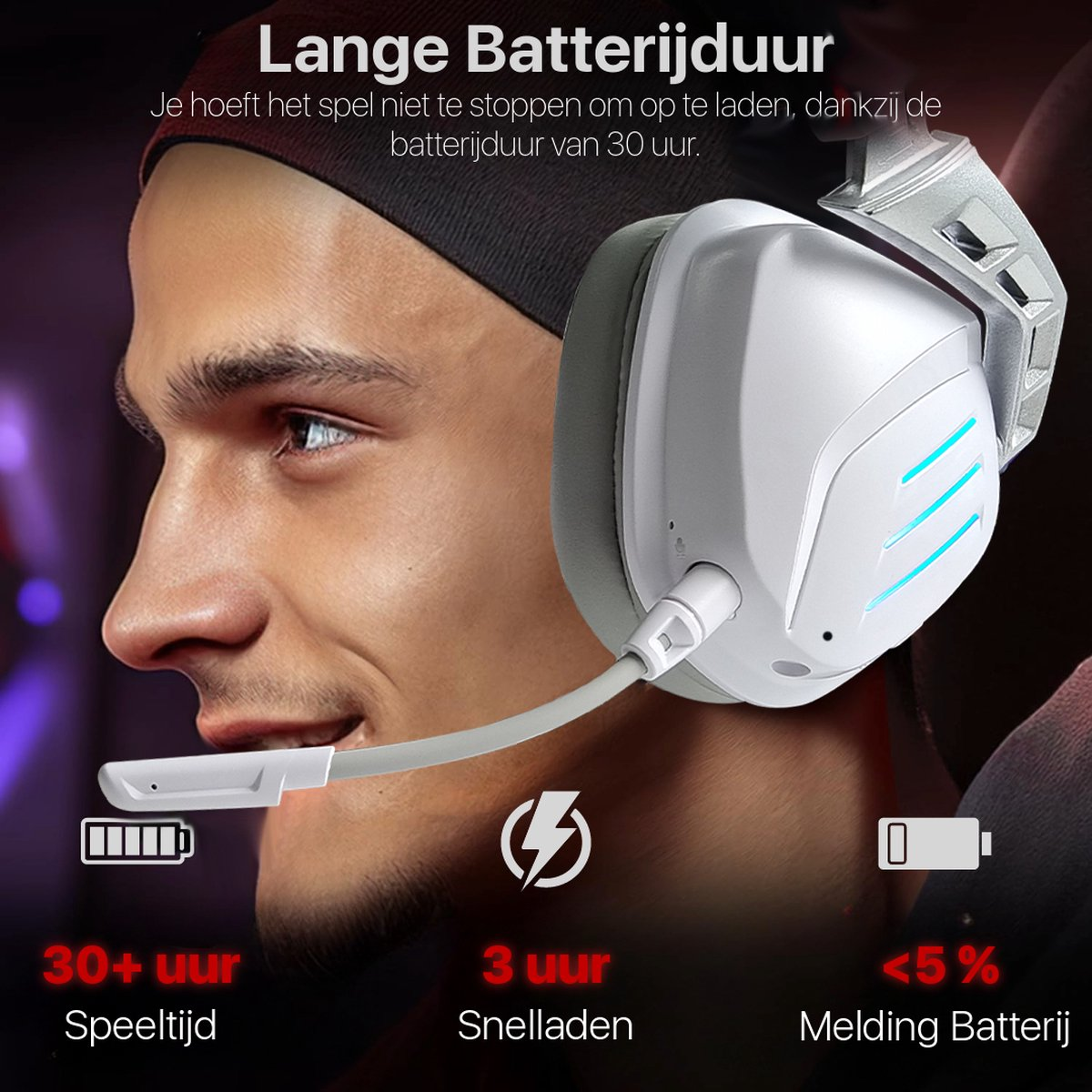 Man met witte gamingheadset met microfoon. Tekst toont batterijduur, oplaadtijd en waarschuwing voor bijna lege batterij.
