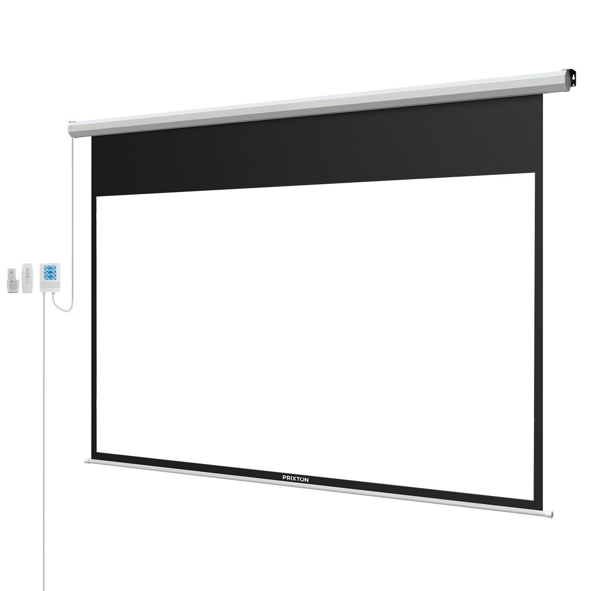 Una pantalla de proyector blanca está bajada. Un mando y una caja de control están a la izquierda. La marca 'PRIXTON' abajo.