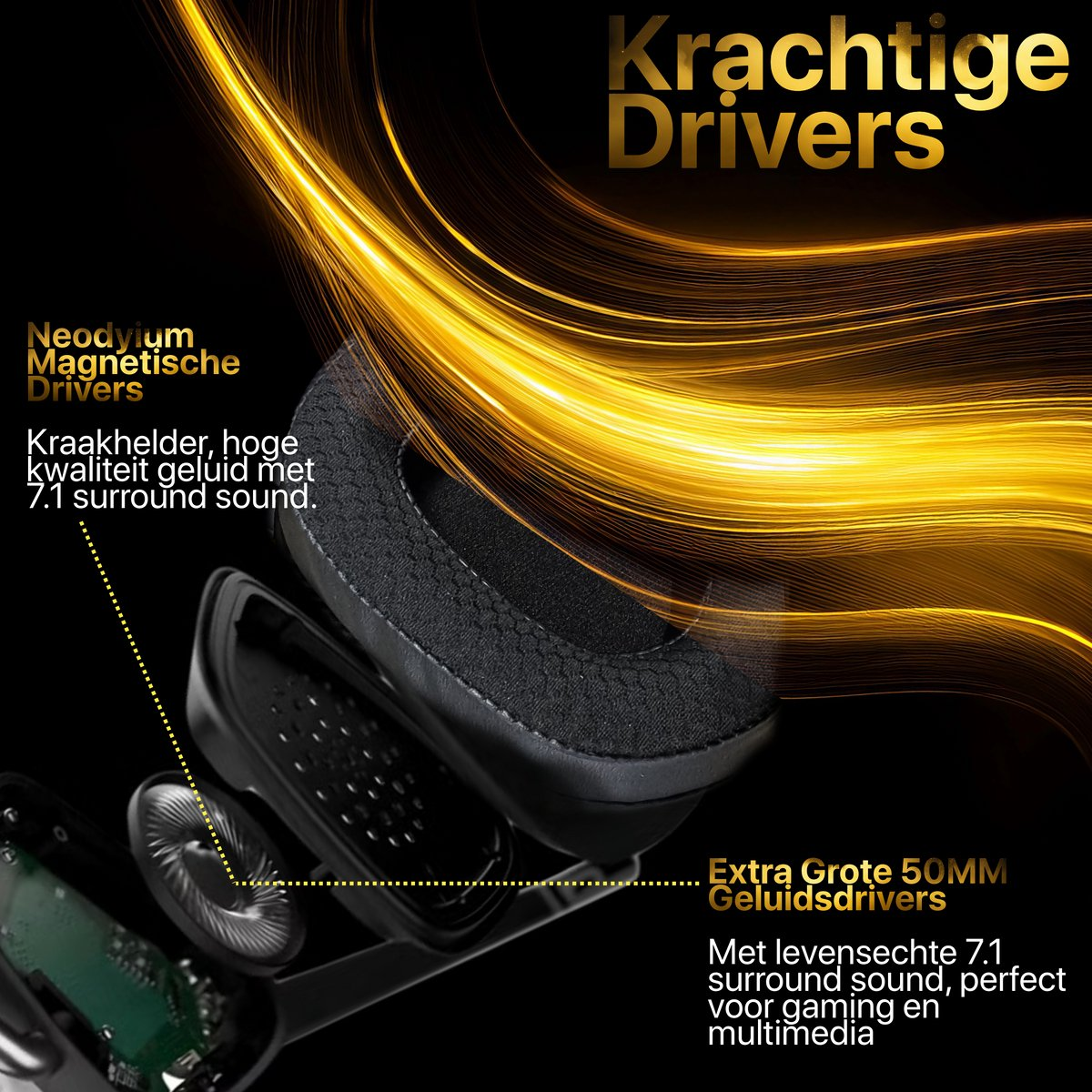 Afbeelding toont een zwarte headset met tekst die de kenmerken beschrijft: neodymium magnetische drivers, 7.1 surround sound en 50mm drivers.
