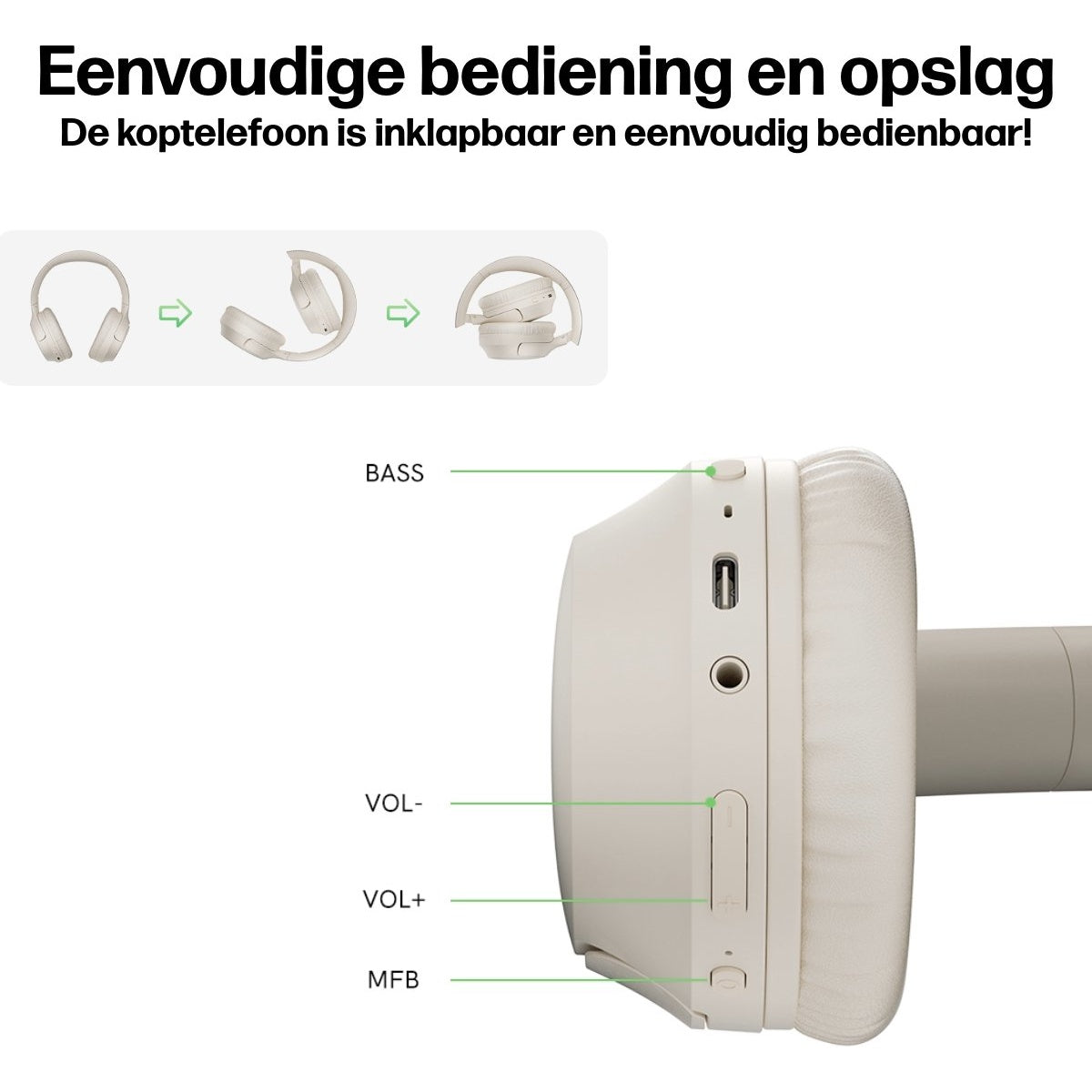 Beige headphones with controls labeled bass, volume, and MFB. Folding process shown. Text says simple operation and storage.