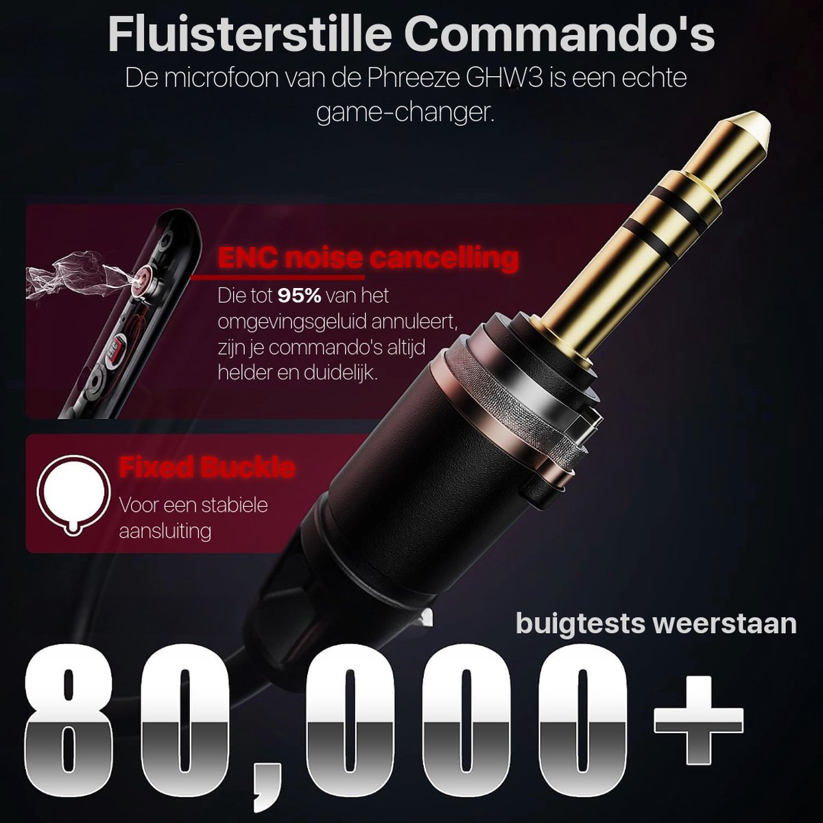 Afbeelding toont een close-up van een goud-zwarte audio jack, met tekst die noise cancelling en vaste gesp functies benadrukt.