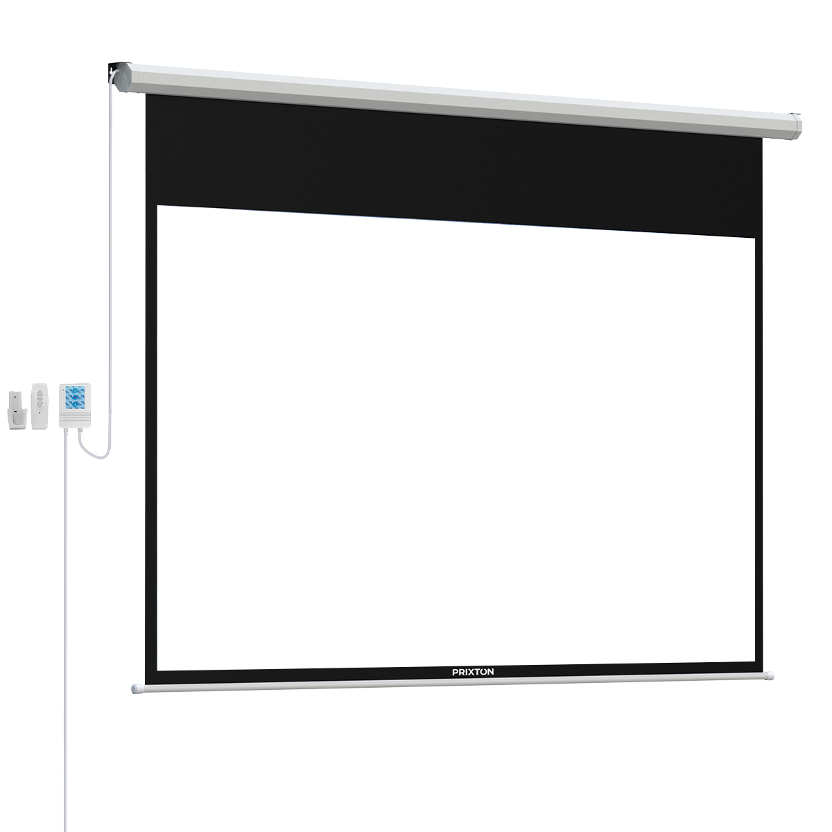 Se muestra una pantalla de proyector blanca. La parte superior es negra, el centro blanco y tiene un marco negro.