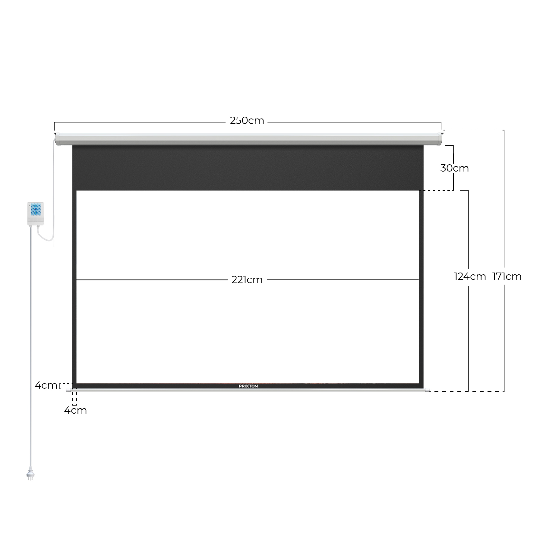 Se muestra una pantalla de proyector blanca, con dimensiones y un mando a distancia. La pantalla es blanca y negra.