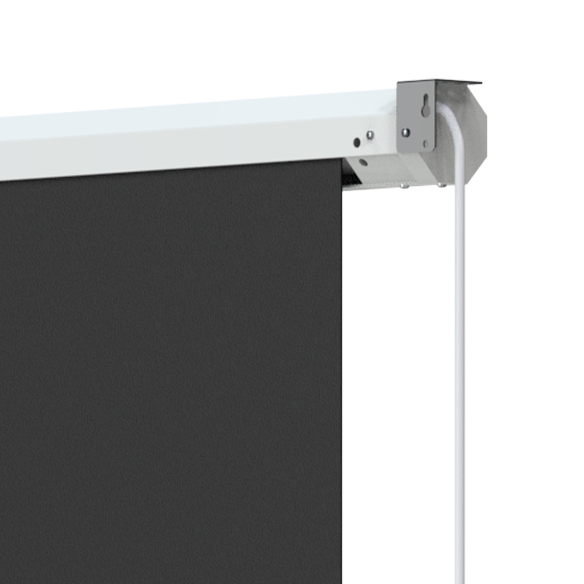 Primer plano de una pantalla negra retráctil. Carcasa blanca y soporte en la parte superior. Un cable blanco cuelga. Aislado sobre blanco.