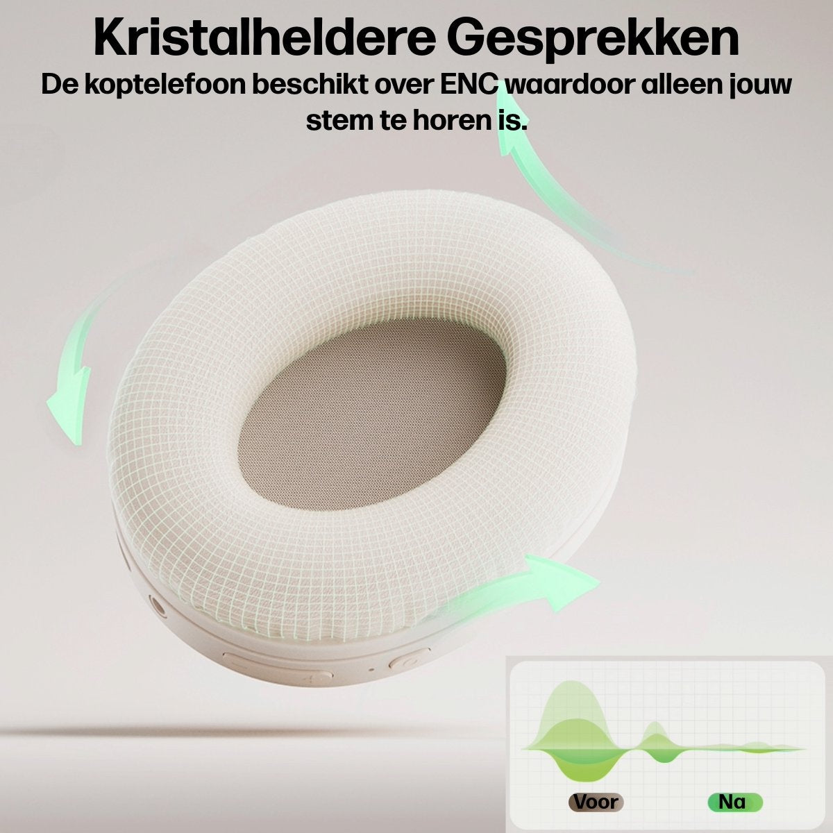 Cream-colored headphones with mesh earpads are featured, with green arrows and a sound wave graph indicating noise cancellation.