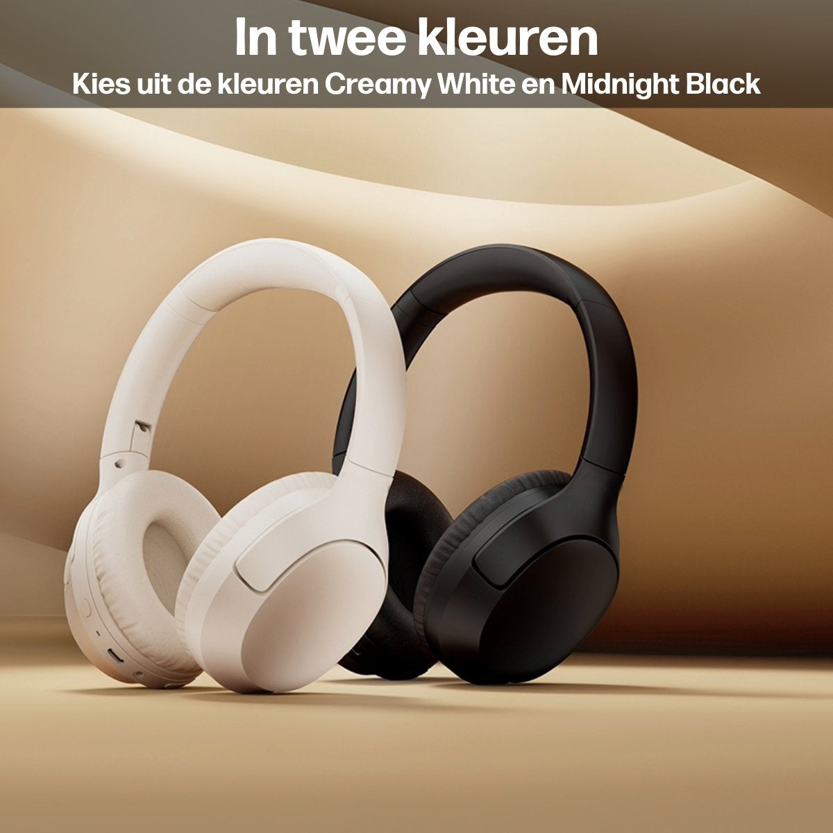 Two headphones, creamy white and midnight black, are displayed against a warm background. Text above reads 'In two colors'.