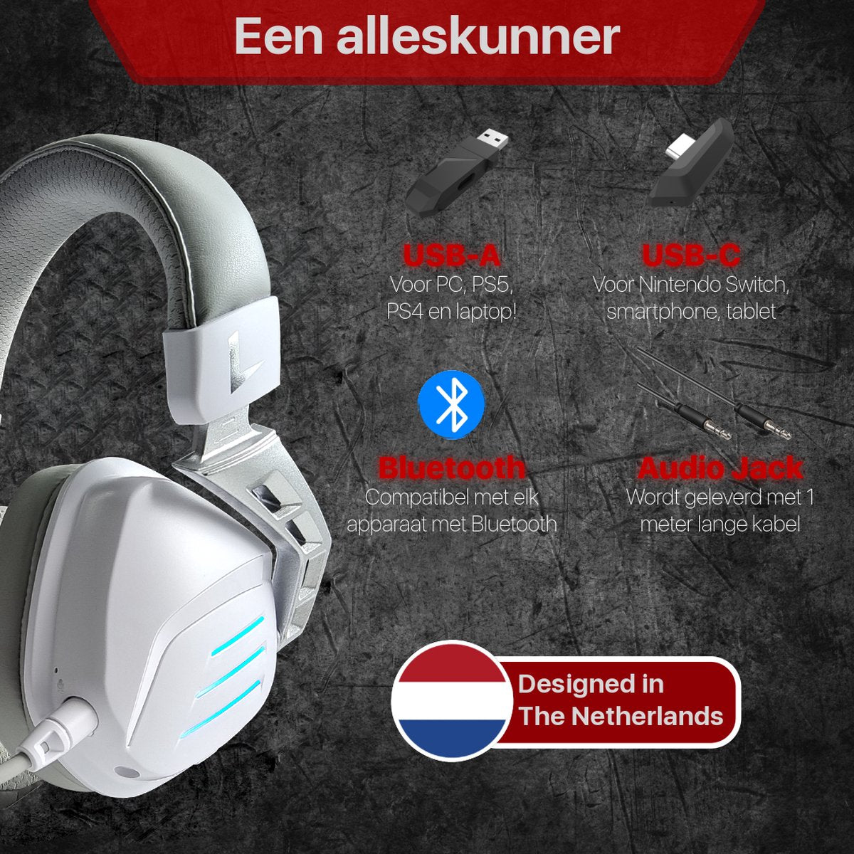 Een witte en grijze headset, USB-A- en USB-C-connectoren, Bluetooth-logo, audio jack. Ontworpen in Nederland.