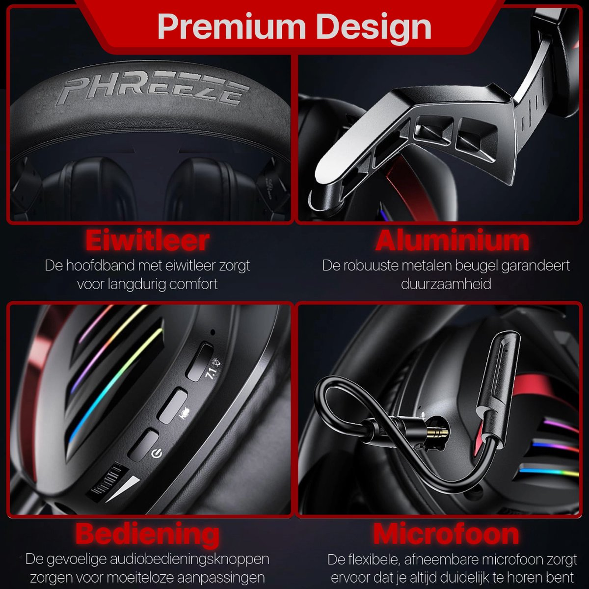 Het headsetontwerp toont een eiwitleren hoofdband, aluminium frame, audioknoppen en een afneembare microfoon. Ontwerpdetails worden benadrukt.