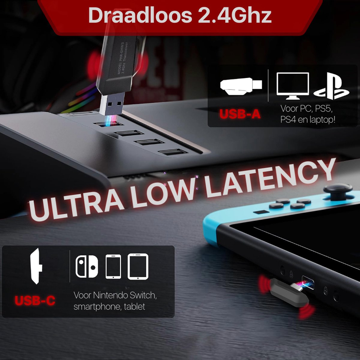 Afbeelding toont een USB-dongle verbonden met een gameconsole en een oplaadstation. Tekst benadrukt ultra-lage latentie en USB-A/C compatibiliteit.