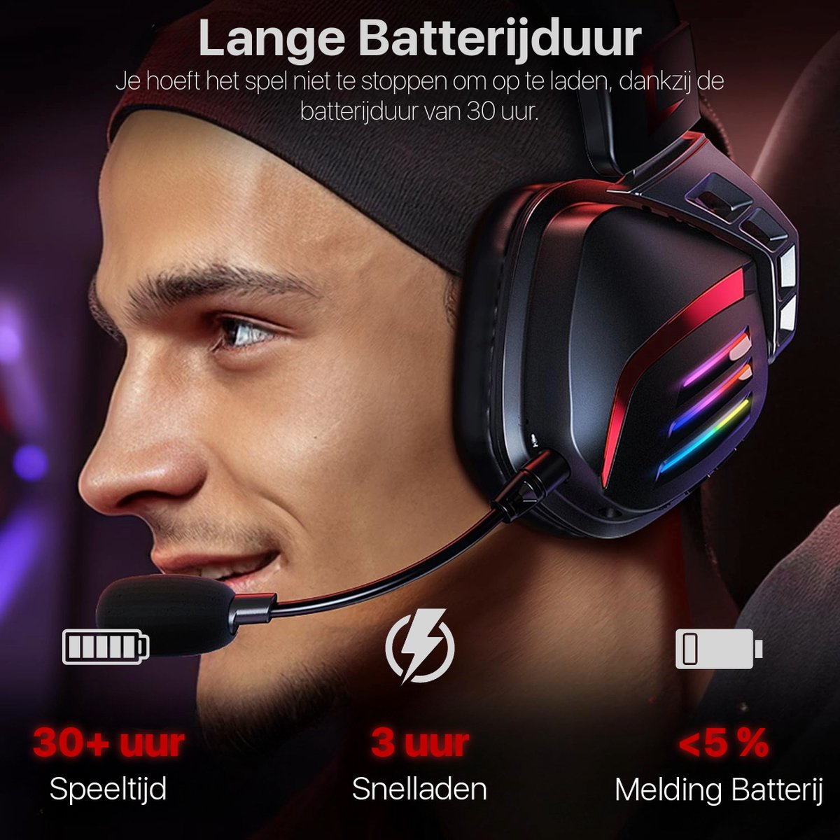 Een man met een gamingheadset en microfoon. Tekst vermeldt 30+ uur speeltijd, 3 uur snel opladen en een bijna lege batterij.
