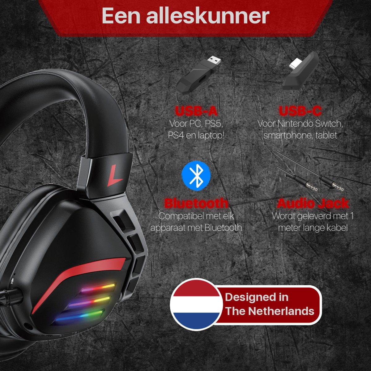 Zwarte gamingheadset met rode accenten en kleurrijke lichten. Voorzien van USB-A, USB-C, Bluetooth en audio jack. Ontworpen in Nederland.