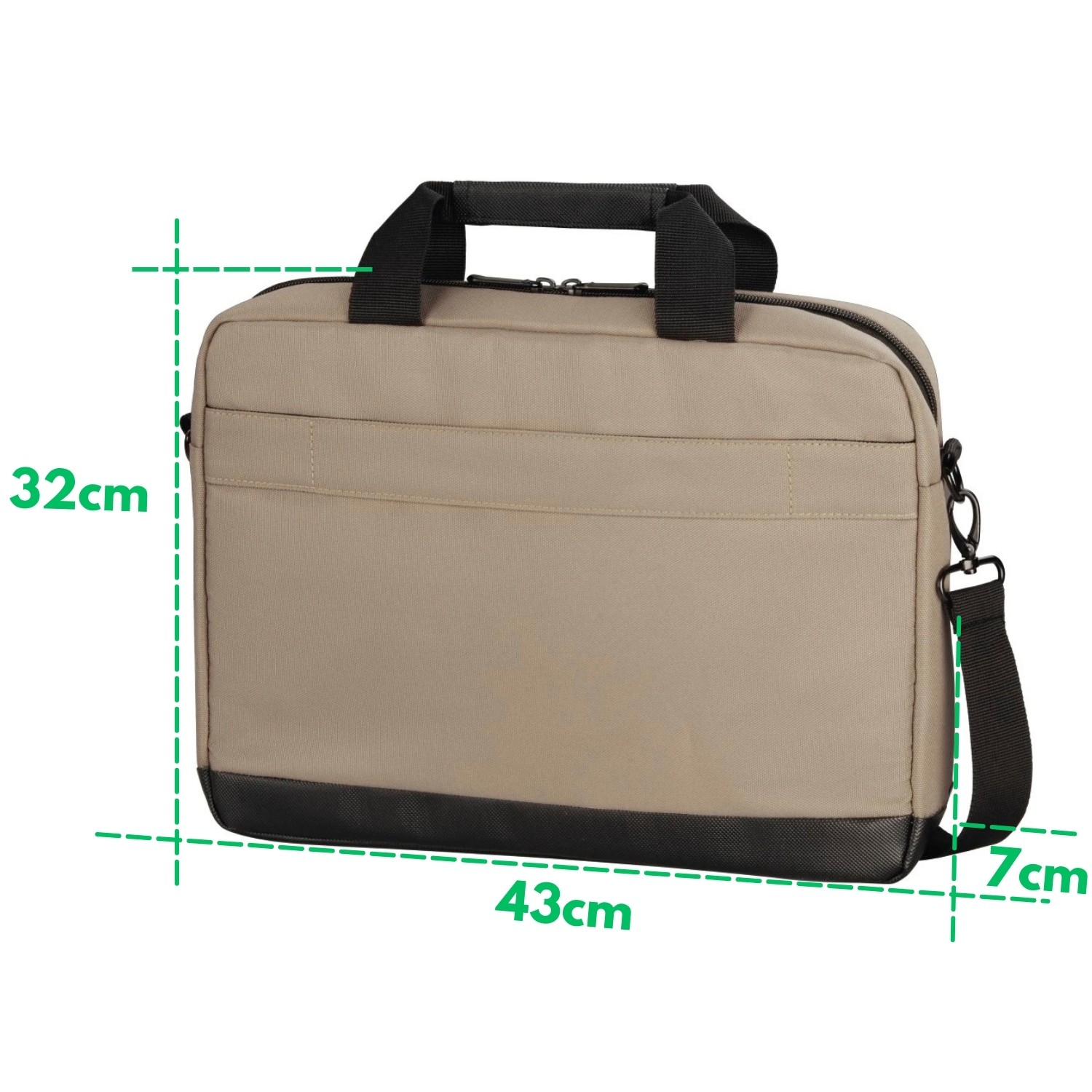Eine beige Laptoptasche mit schwarzem Griff und Riemen. Abmessungen: 43 cm breit, 32 cm hoch und 7 cm tief.
