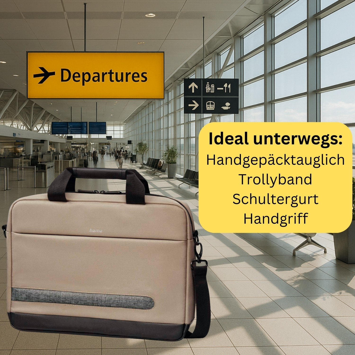 Beżowa torba na laptopa z czarnymi uchwytami znajduje się na lotnisku. Znak mówi Odjazdy. Tekst na żółtym pudełku: Ideal unterwegs: Handgepäcktauglich.
