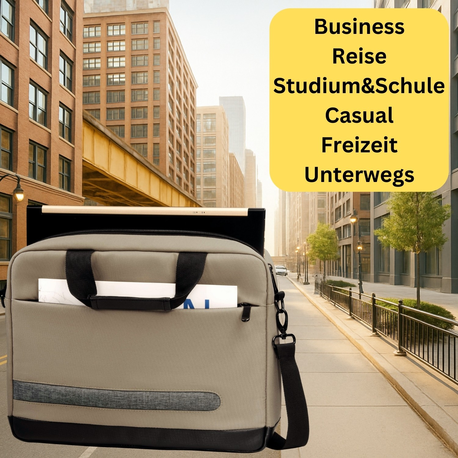 Szara i czarna torba z tekstem: Business, Reise, Studium&Schule, Casual, Freizeit, Unterwegs. Budynki w tle.