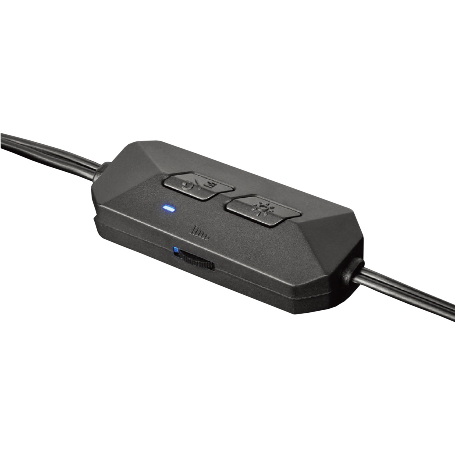 Controller audio nero con pulsanti e controllo del volume. I cavi si estendono da entrambi i lati. Una luce blu è accesa.