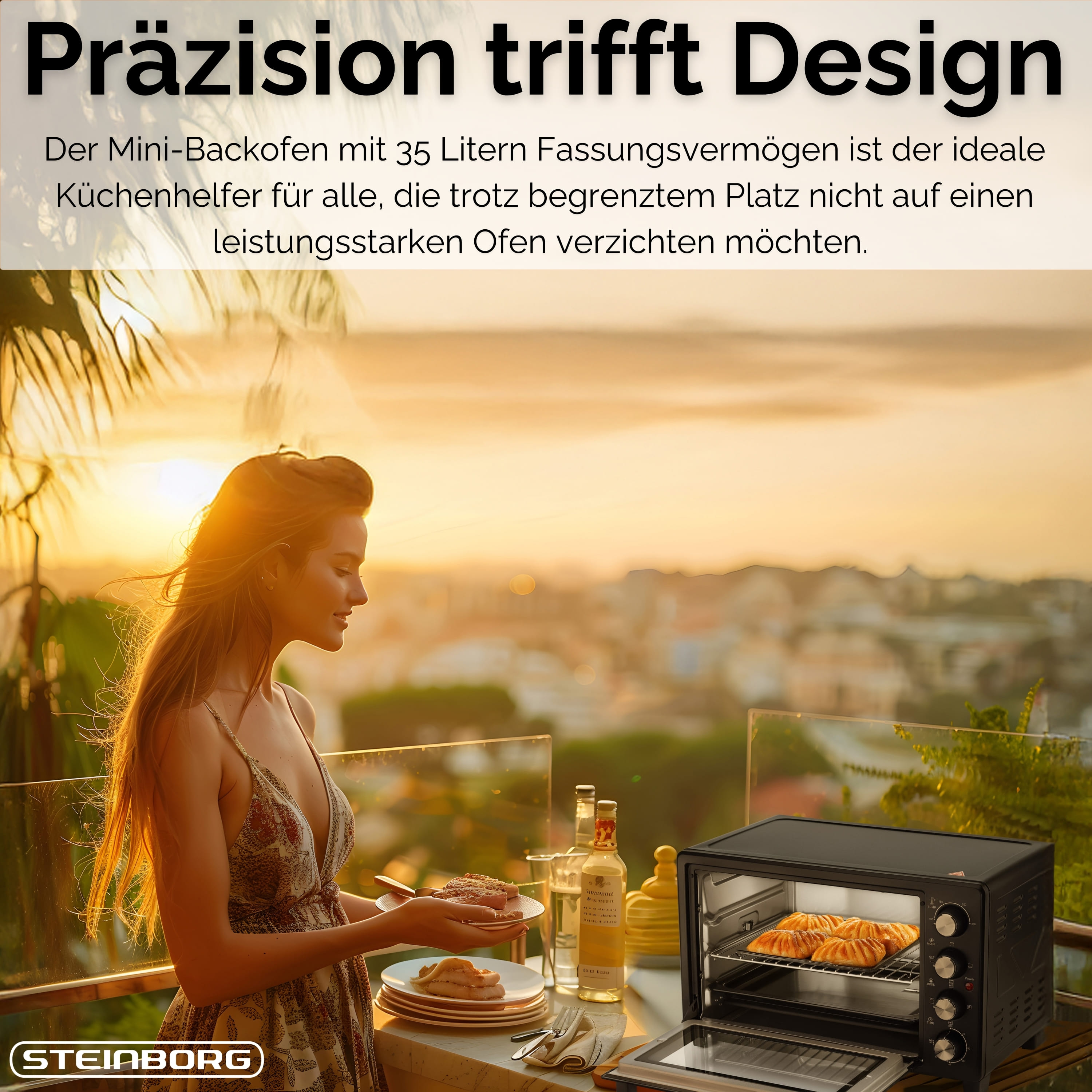 Frau hält einen Teller mit Essen in der Nähe eines Mini-Ofens. Das Bild hat einen Sonnenuntergang im Hintergrund.