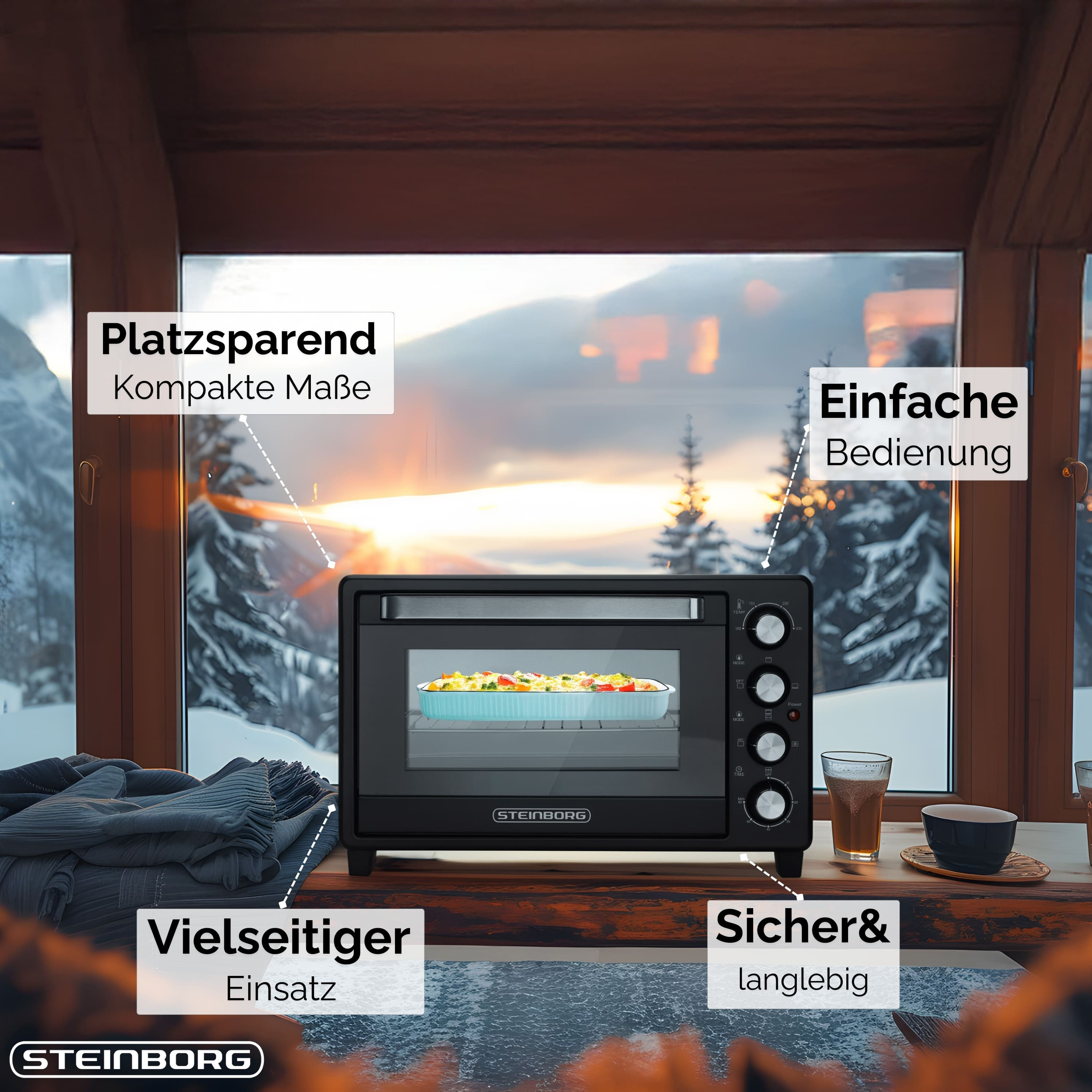 Ein schwarzer Ofen mit Essen darin, in der Nähe eines Fensters. Textkennzeichnungen heben Merkmale wie Benutzerfreundlichkeit hervor.