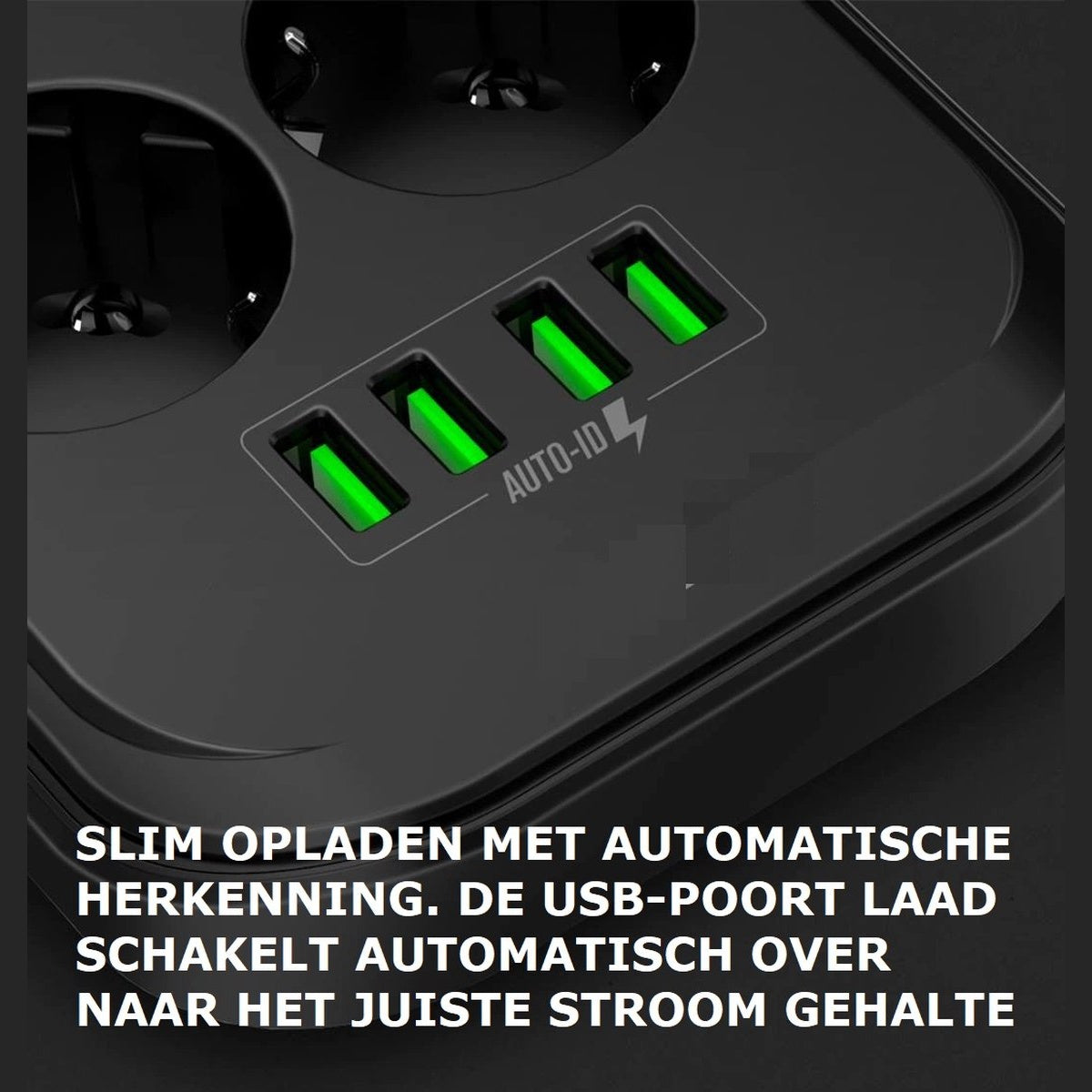 Zwarte voedingsadapter met groen verlichte oplaadpoorten. Tekst: 'Slim opladen met automatische herkenning'.
