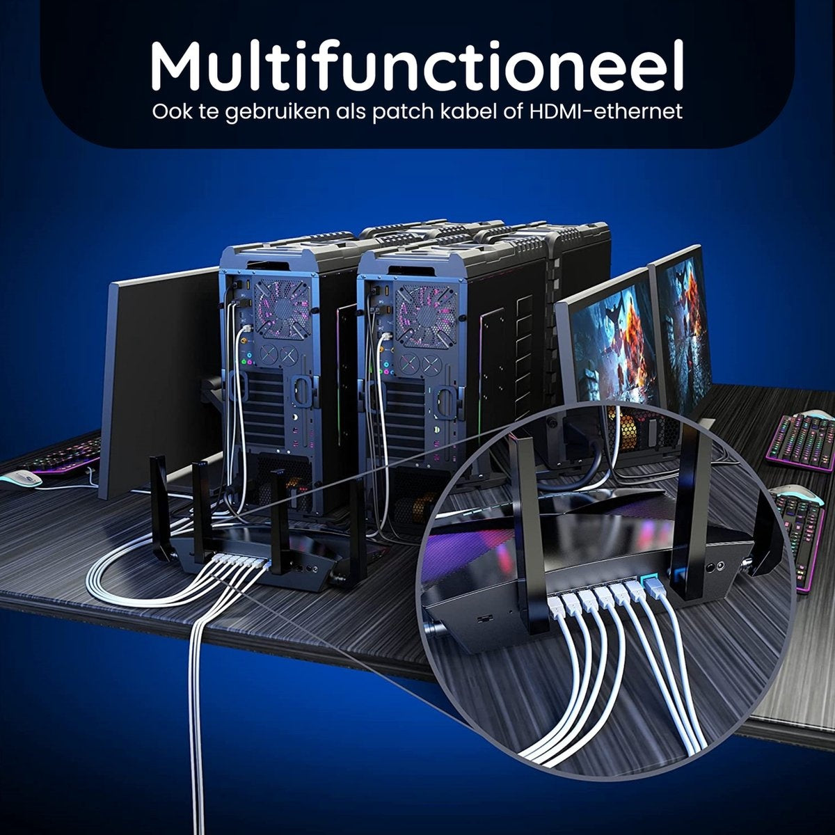 Two computer towers connected with white cables to a black device. Monitors and keyboards are also on the desk.