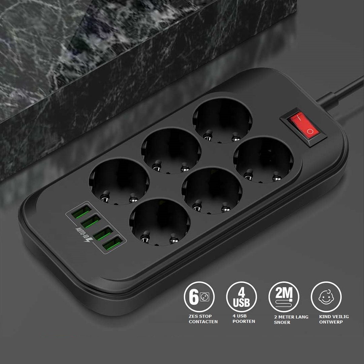 Zwarte stekkerdoos met 6 stopcontacten, 4 USB-poorten en een aan/uit-schakelaar. Met veiligheids- en lengte-iconen.