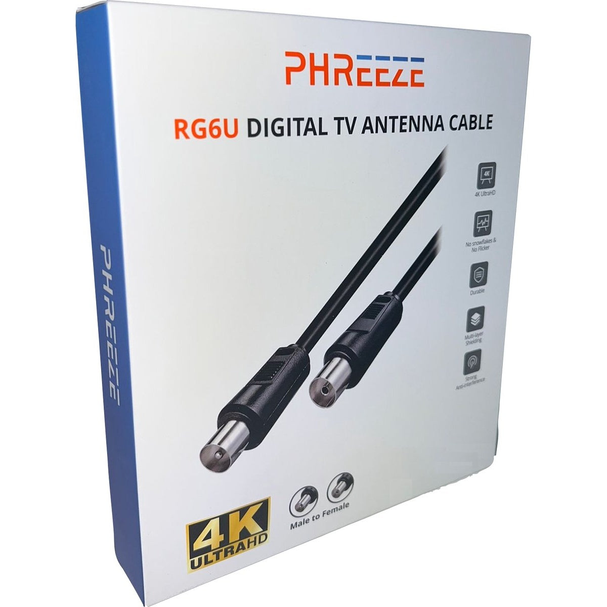 A white box with blue edges displays a black RG6U digital TV antenna cable. Text includes 'PHREEZE' and '4K ULTRAHD'.