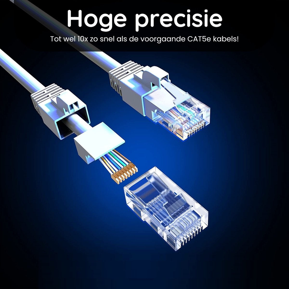 Two network cables with connectors. The cables are white with colorful internal wires. The text says 'High precision'.