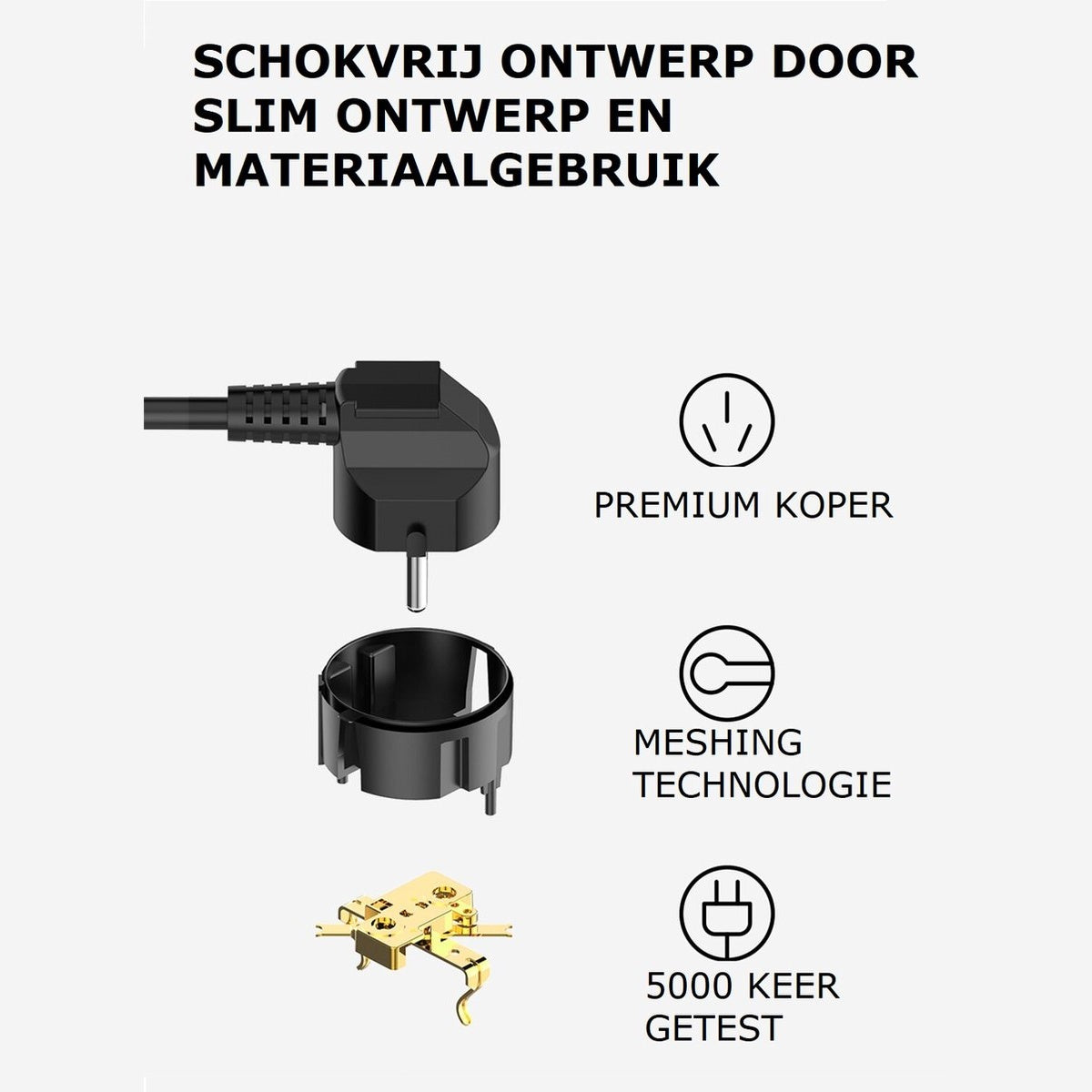 Diagram van elektrische stekkeronderdelen, met Nederlandse tekst: 'Schokbestendig ontwerp door slim ontwerp en materiaalgebruik'.