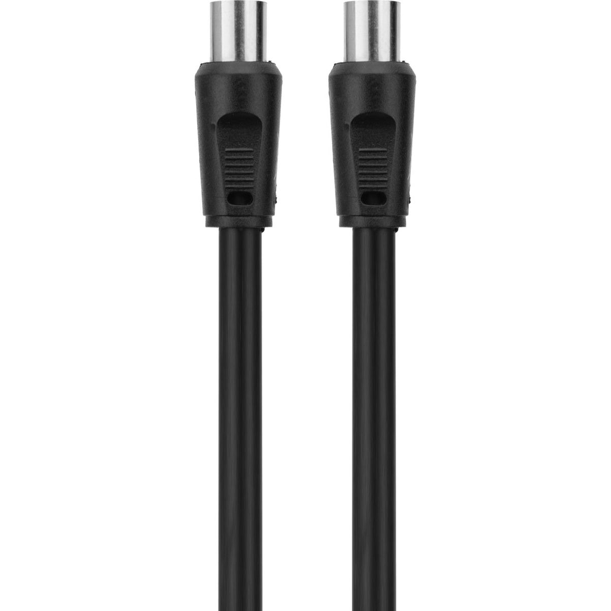 Two black cables with silver connectors are vertically aligned. The connectors have a rectangular shape with a small indentation.