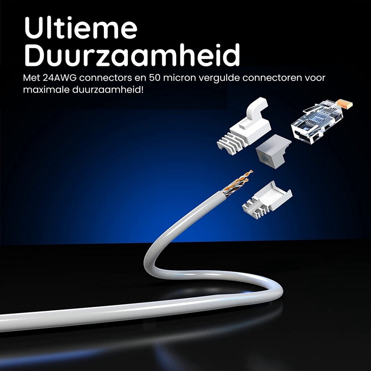 White cable with exposed wires. Various connectors are displayed. Text reads: Ultieme Duurzaamheid.