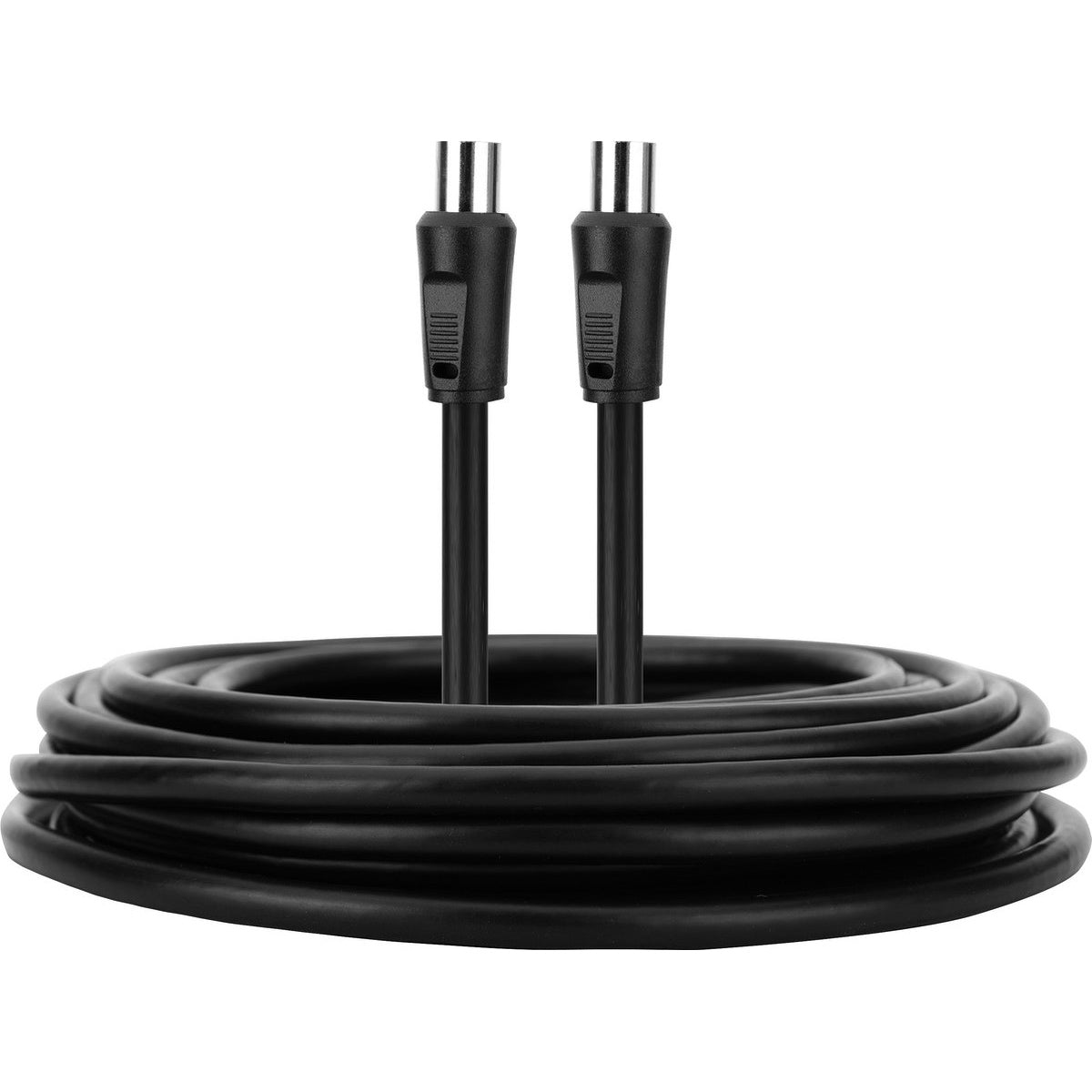 Two black coaxial cable connectors with a coiled cable base, on a white background.