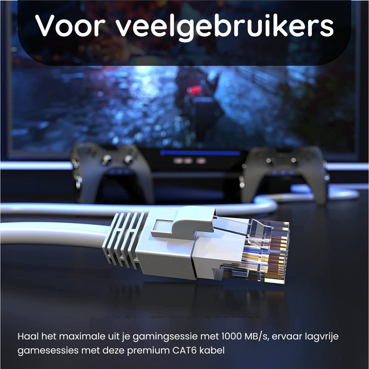 An Ethernet cable with a white wire and a transparent connector is in focus. A gaming setup is in the background.