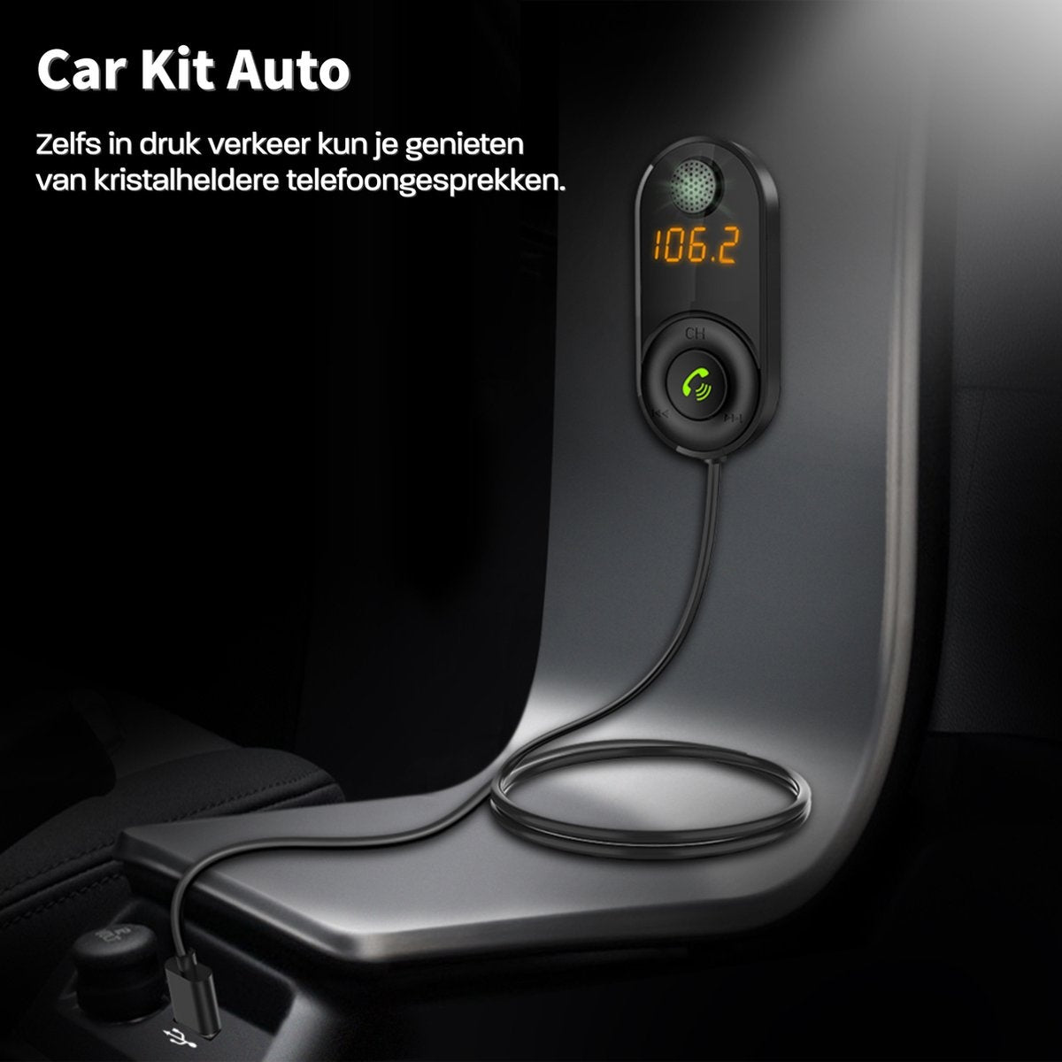 Black car kit with digital display showing 106.2. It's connected via a cable. The background is dark, showing a car's interior.