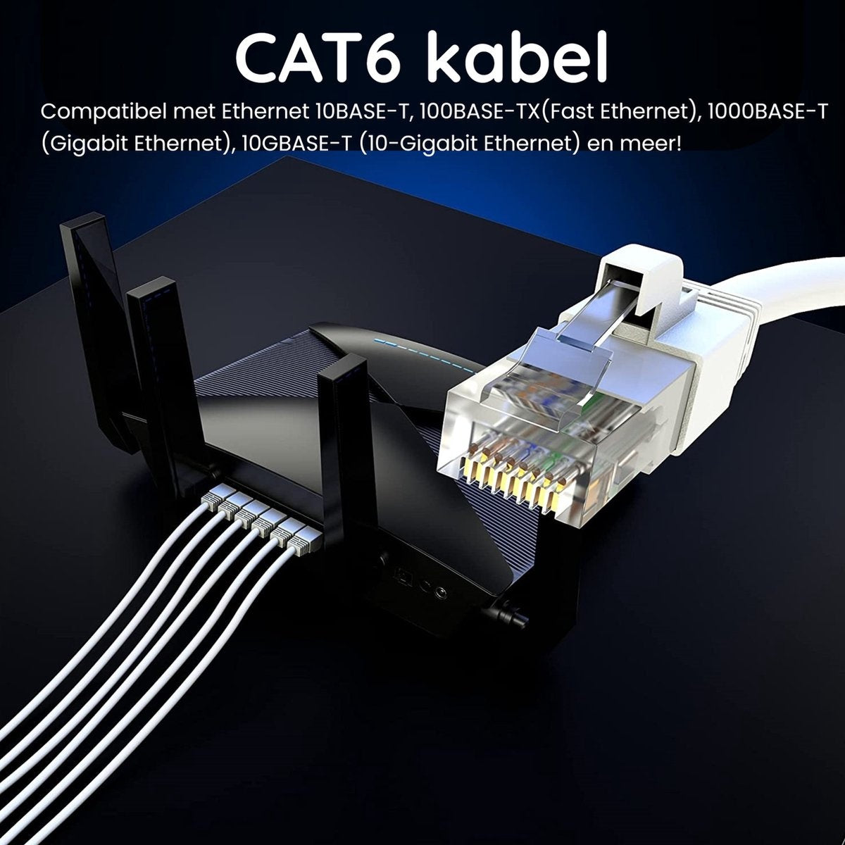 A black router with white ethernet cables connected, plugged into a white and transparent connector. The background is dark.